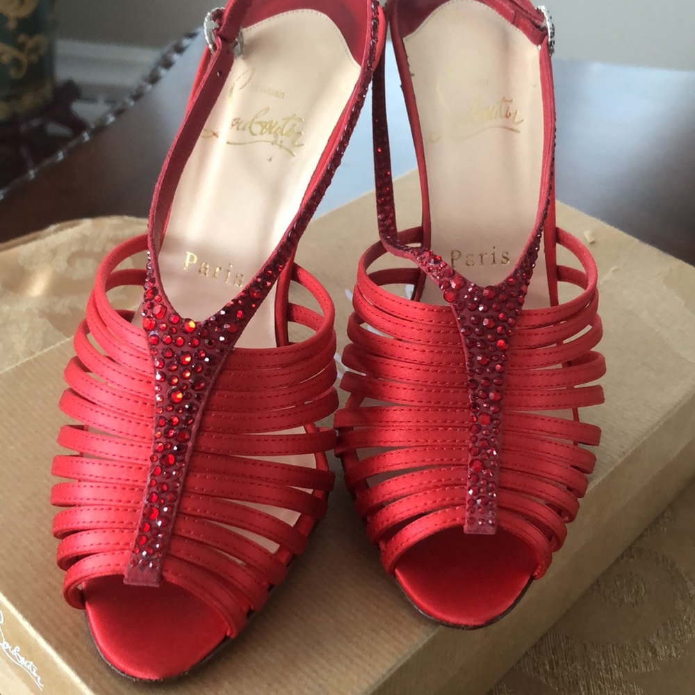 CHRISTIAN LOUBOUTIN Bretelle Strass Satin Slingnack Red Swarovski Rhinestones